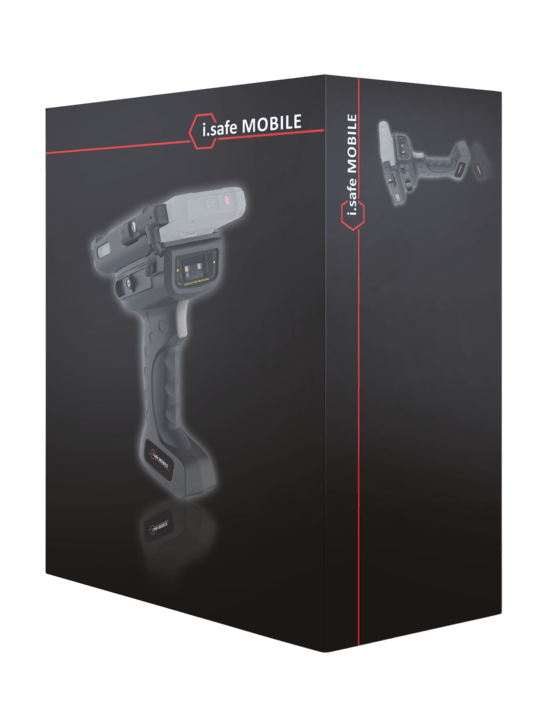 A black box with the "i.safe MOBILE" logo showcases the IS-TH1xx.RG Rugged Barcode Scanner Trigger Handle, designed for long-distance 1D or 2D barcode scanning, visible on both the front and side of the packaging.