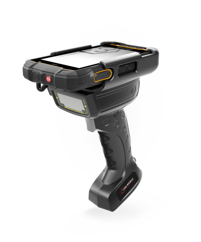 The i.safe MOBILE IS-TH1xx.RG Rugged Barcode Scanner Trigger Handle is a black handheld device with a screen, grip handle, and visible buttons, designed for 1D/2D barcode scanning, shown on a plain white background.