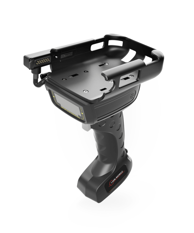 The i.safe MOBILE IS-TH1xx.RG Rugged Barcode Scanner Trigger Handle features a durable black design with an ergonomic grip, ideal for industrial or retail use. It efficiently scans 1D and 2D barcodes for fast data capture.