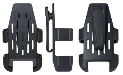 The i.safe MOBILE Belt Clip for IS330.X Smartphones is shown from the front, side, and back against a plain white background.