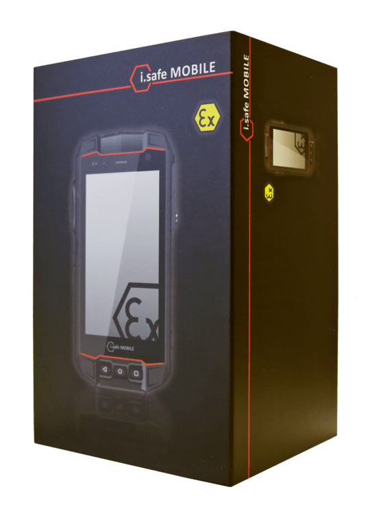 Box packaging of the i.safe MOBILE IS530.1 Intrinsically Safe (C1/D1) Smartphone, showing the rugged Android 13 device with an explosion protection "Ex" symbol and 4G LTE support on a sleek black background.