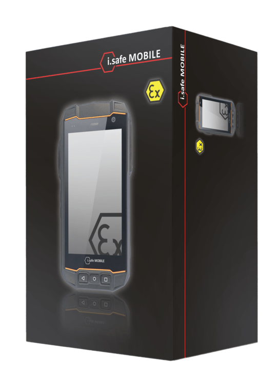 Black and gray retail box featuring the i.safe MOBILE IS530.2 Non-Incendive (C1/D2) rugged smartphone, Ex certification logo, device image, 4G LTE branding, and packaging details.