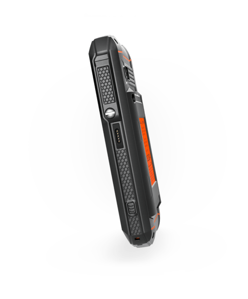 Side view of the i.safe MOBILE IS530.1 Intrinsically Safe (C1/D1) Smartphone in rugged black and orange, featuring Android 13, visible buttons, quick charge port, and 4G LTE support on a white background.