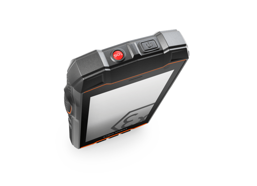 The i.safe MOBILE IS530.1 Intrinsically Safe (C1/D1) Smartphone features a red SOS and black power button on the top edge, designed for rugged use with 4G LTE connectivity for reliable communication in hazardous environments.