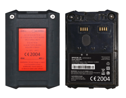 Two i.safe MOBILE BPIS530.1A batteries for IS530.1 Intrinsically Safe (C1/D1) smartphones are shown side by side, one with a red label and one with a black label displaying technical and safety details.