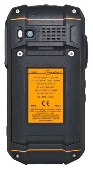 The i.safe MOBILE IS530.2 Non-Incendive (C1/D2) Smartphone is a rugged black and orange device with 4G LTE, rear camera, speaker, and a yellow safety label showing certification and usage info.
