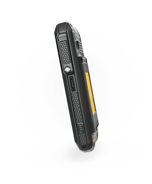 The i.safe MOBILE IS530.2 Non-Incendive (C1/D2) Smartphone is a rugged, black handheld device with a textured grip, yellow accents, Gorilla Glass 3, and visible ports, shown upright on its edge against a white background.