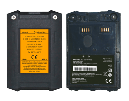 Two rugged black i.safe MOBILE BPIS530.2A batteries for the IS530.2 Non-Incendive (C1/D2) smartphone are shown from the back, featuring technical labels with specifications and certification symbols.
