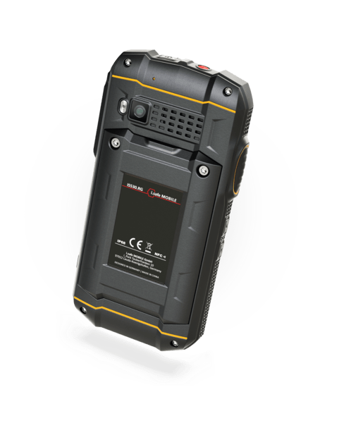 The i.safe MOBILE IS530.RG Rugged Smartphone is a black handheld device with yellow accents, shown from the back with a camera lens, screws, certification labels, and a sturdy Gorilla Glass cover.