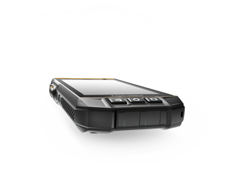 The i.safe MOBILE IS530.RG Rugged Smartphone features a touchscreen protected by Gorilla Glass and three front physical buttons, shown from a low angle against a plain background.