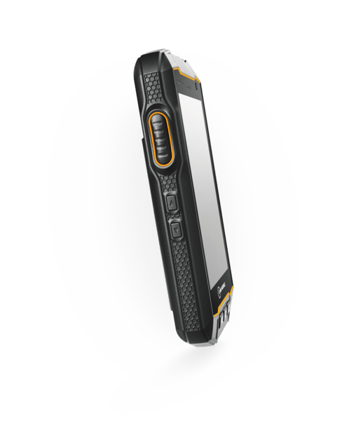 The i.safe MOBILE IS530.RG Rugged Smartphone features a touchscreen, side buttons, and a black and yellow protective casing with durable Gorilla Glass, shown from an angled side view.