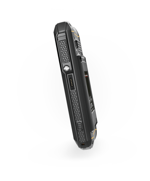 The i.safe MOBILE IS530.RG Rugged Smartphone in black is shown from the side, highlighting its textured grips, side buttons, and magnetic charging port for easy power connections.