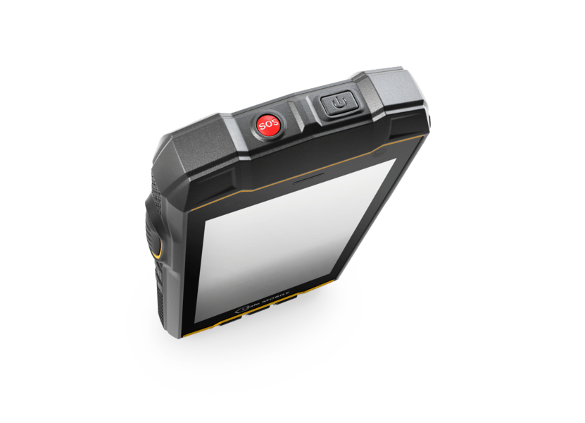 The i.safe MOBILE IS530.RG Rugged Smartphone runs on Android 13 with 4G, features a visible red SOS button and top power button, shown from an angled top view. It offers durable Gorilla Glass and a magnetic charging port for convenience.