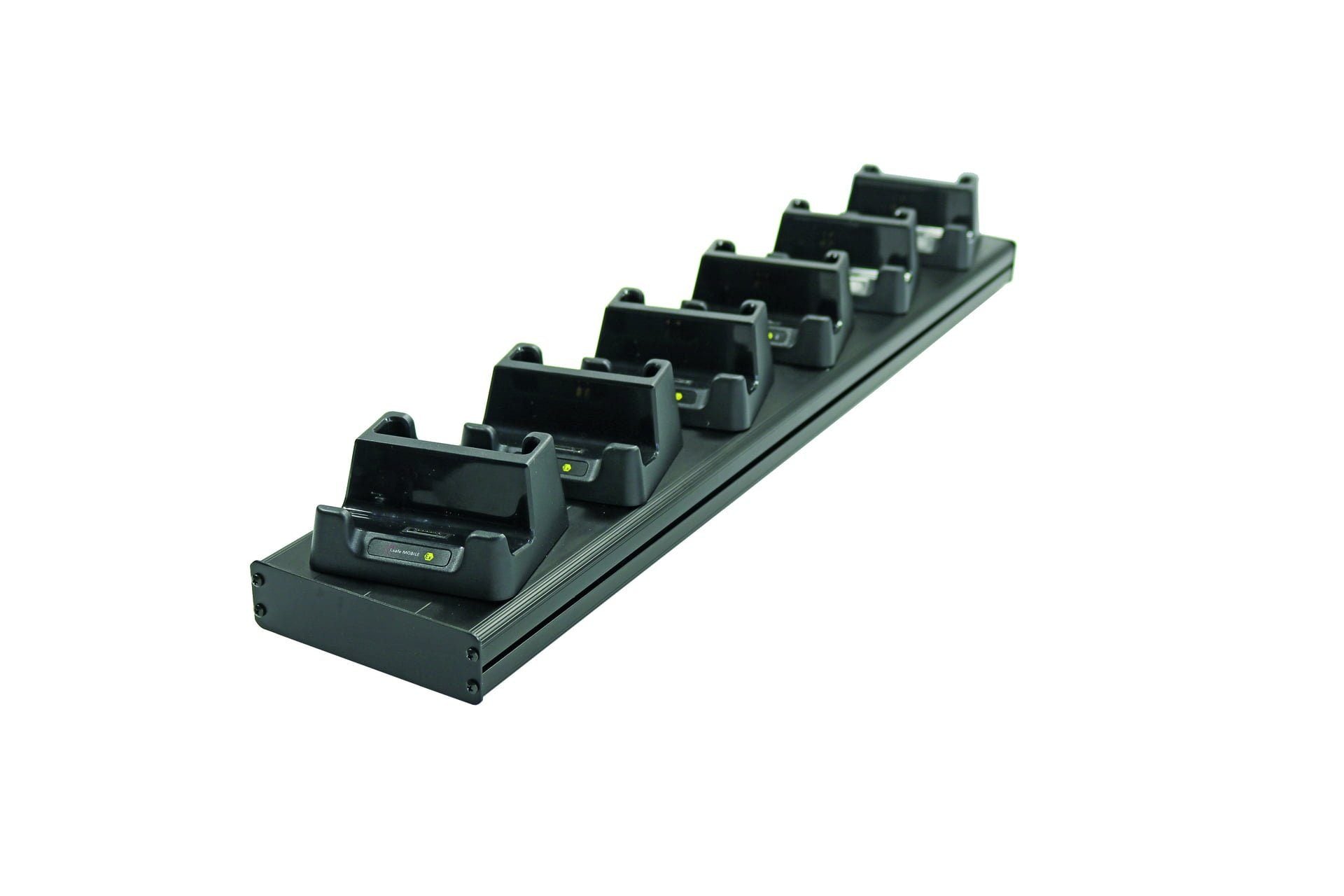 The i.safe MOBILE IS-MC530.1 Multi Charger is a black seven-slot charging dock for holding and charging multiple devices at once, displayed against a white background.