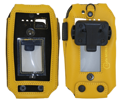 Two rugged i.safe MOBILE Yellow Leather Cases for IS530.X smartphones, shown front and back, feature clear plastic windows and black attachment clips.