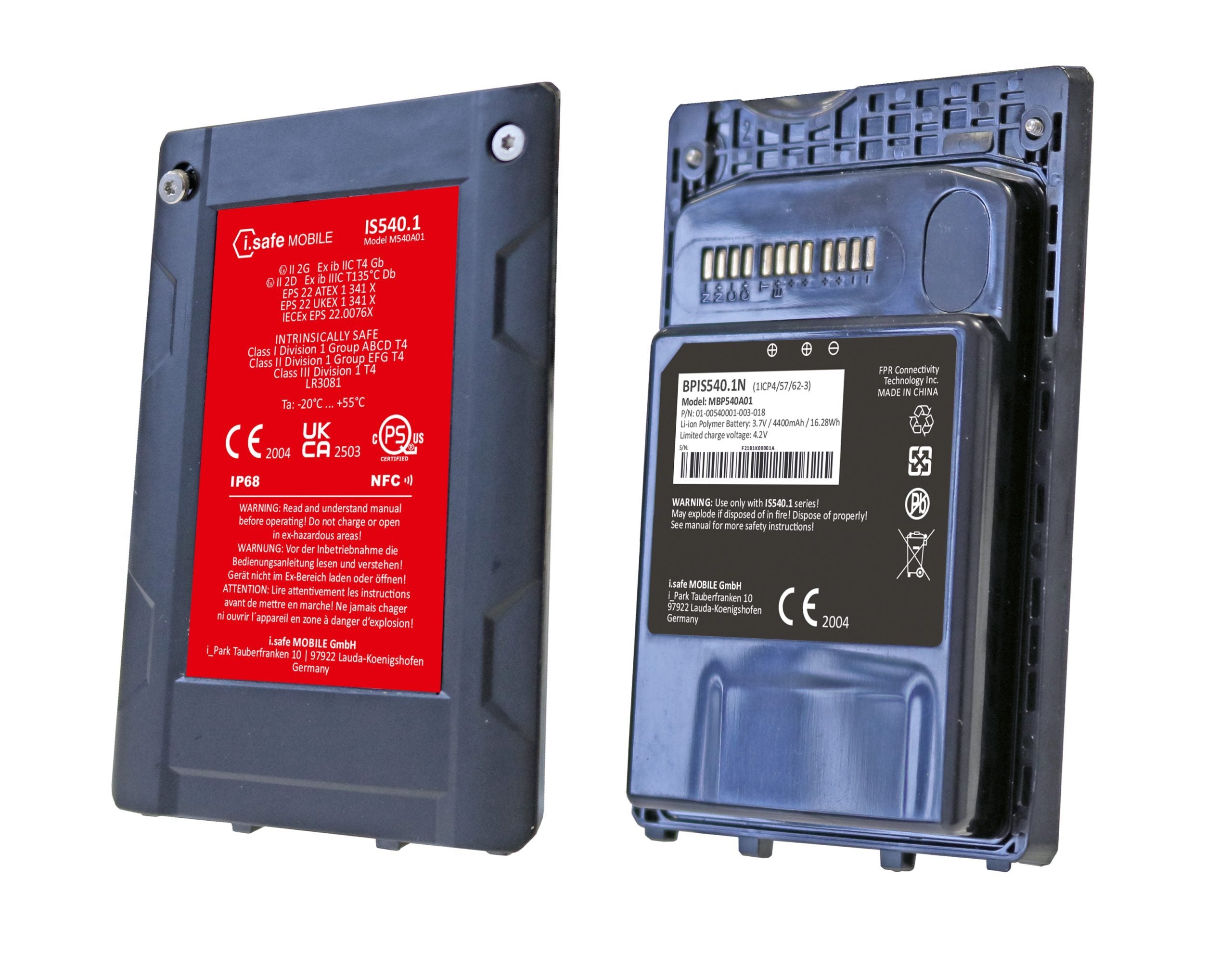 The i.safe MOBILE BPIS540.1A battery for IS540.1 (C1/D1) smartphone is displayed with clear labels and connectors, showing both the front and back views.