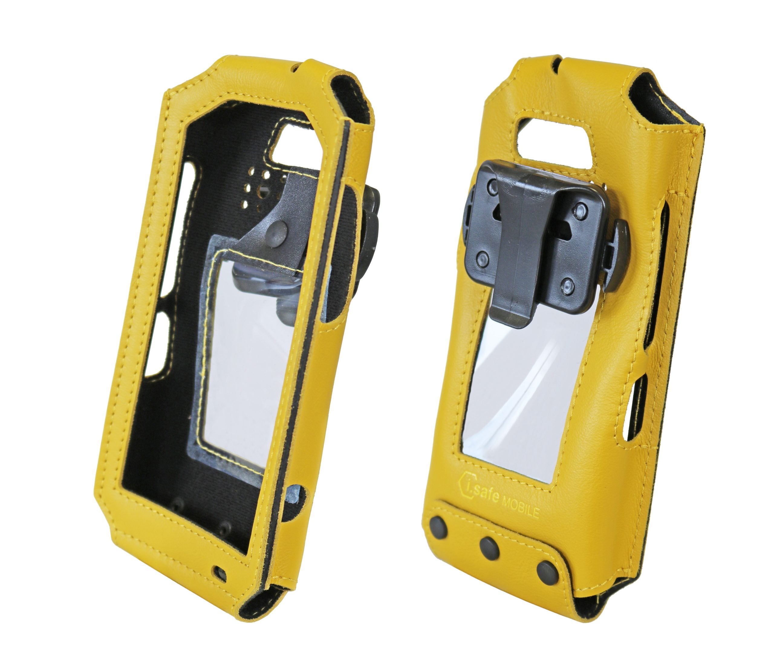 Two yellow i.safe MOBILE Leather Cases for IS540.X smartphones with clear plastic screens and black clips, shown from front and back angles, designed for handheld electronic devices.