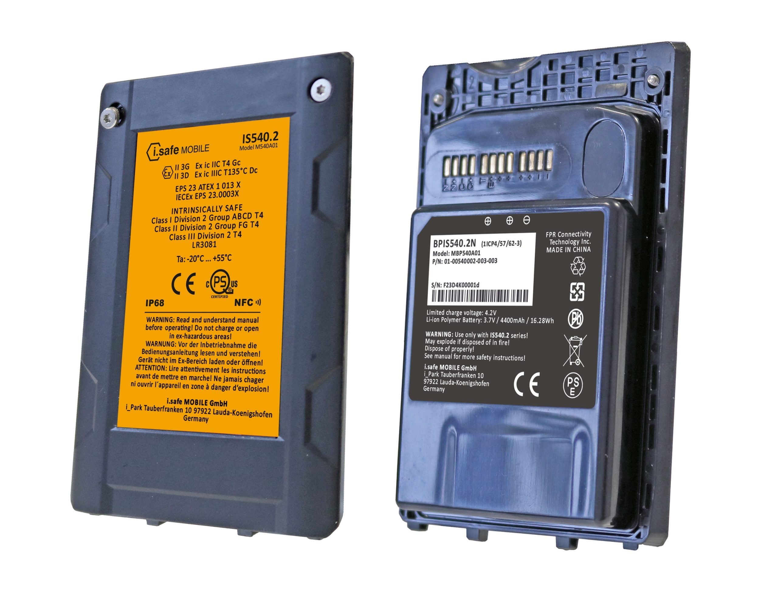 Two rugged industrial-grade i.safe MOBILE BPIS540.2A batteries for the IS540.2 (C1/D2) smartphone are shown side by side, highlighting their labeled specifications, safety warnings, connectors, and casing design.