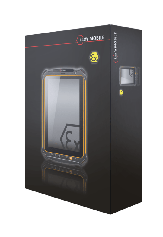 A black retail box displays the i.safe MOBILE IS930.2 Non-Incendive (C1/D2) Tablet with yellow accents and an "Ex" safety symbol, showcasing its rugged, waterproof design—ideal for those needing a reliable, certified tablet.