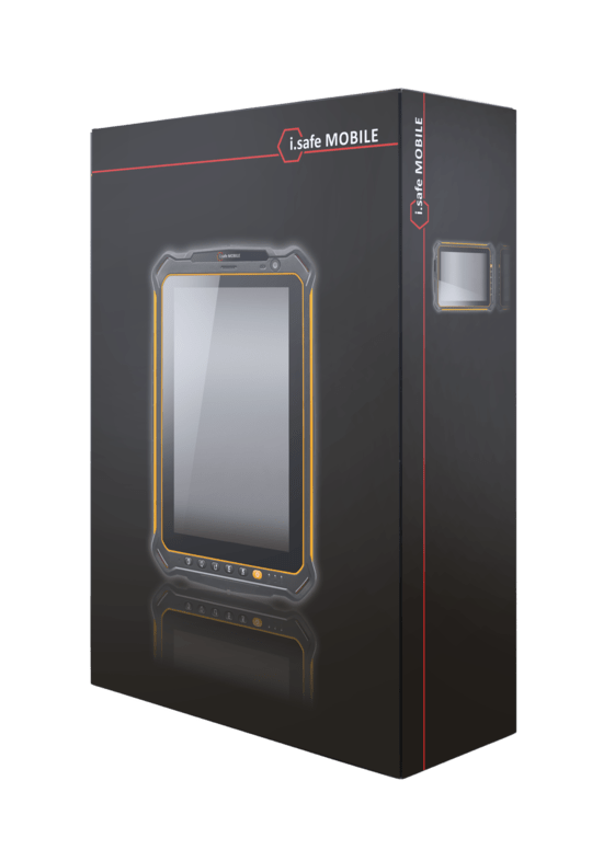 A black retail box shows the i.safe MOBILE IS930.RG Rugged Tablet with yellow accents and RugDisplay Glass. The packaging features "i.safe MOBILE" in white and red text.