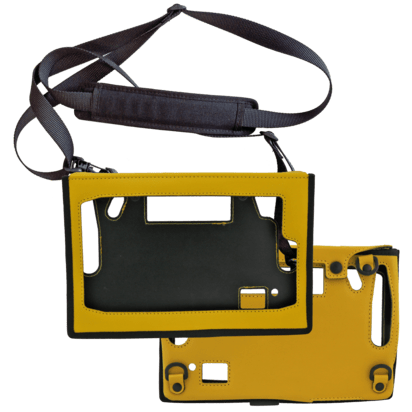 Two i.safe MOBILE Yellow Leather Cases for IS930.X Tablets, featuring black accents and shoulder straps, are displayed showing the front and back views on a plain background.