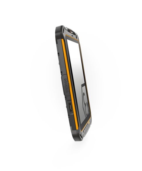 The i.safe MOBILE IS930.2 Non-Incendive (C1/D2) Tablet, with a yellow and black rugged case, is displayed at an angle on a white background, showcasing its durable design typical of rugged and waterproof tablets.