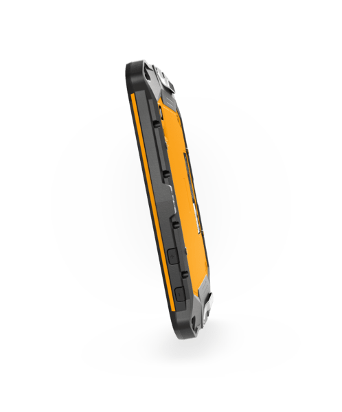 The i.safe MOBILE IS930.2 Non-Incendive (C1/D2) Tablet, with its robust orange and black protective casing, stands upright at an angle against a white background.