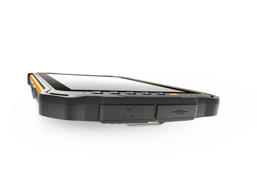 The i.safe MOBILE IS930.RG Rugged Tablet is a handheld Android 13 device with a touchscreen, multiple physical buttons, durable casing, port covers, and tough RugDisplay Glass, shown from a low angle to highlight its robust design.