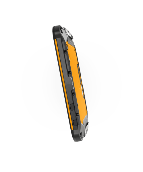The i.safe MOBILE IS930.RG Rugged Tablet, featuring an orange and black design and RugDisplay Glass, is displayed vertically against a plain white background.