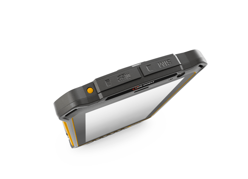 The i.safe MOBILE IS930.RG Rugged Tablet features a large RugDisplay Glass screen, an orange button, and a SIM card slot, shown from an angled top view against a plain background.