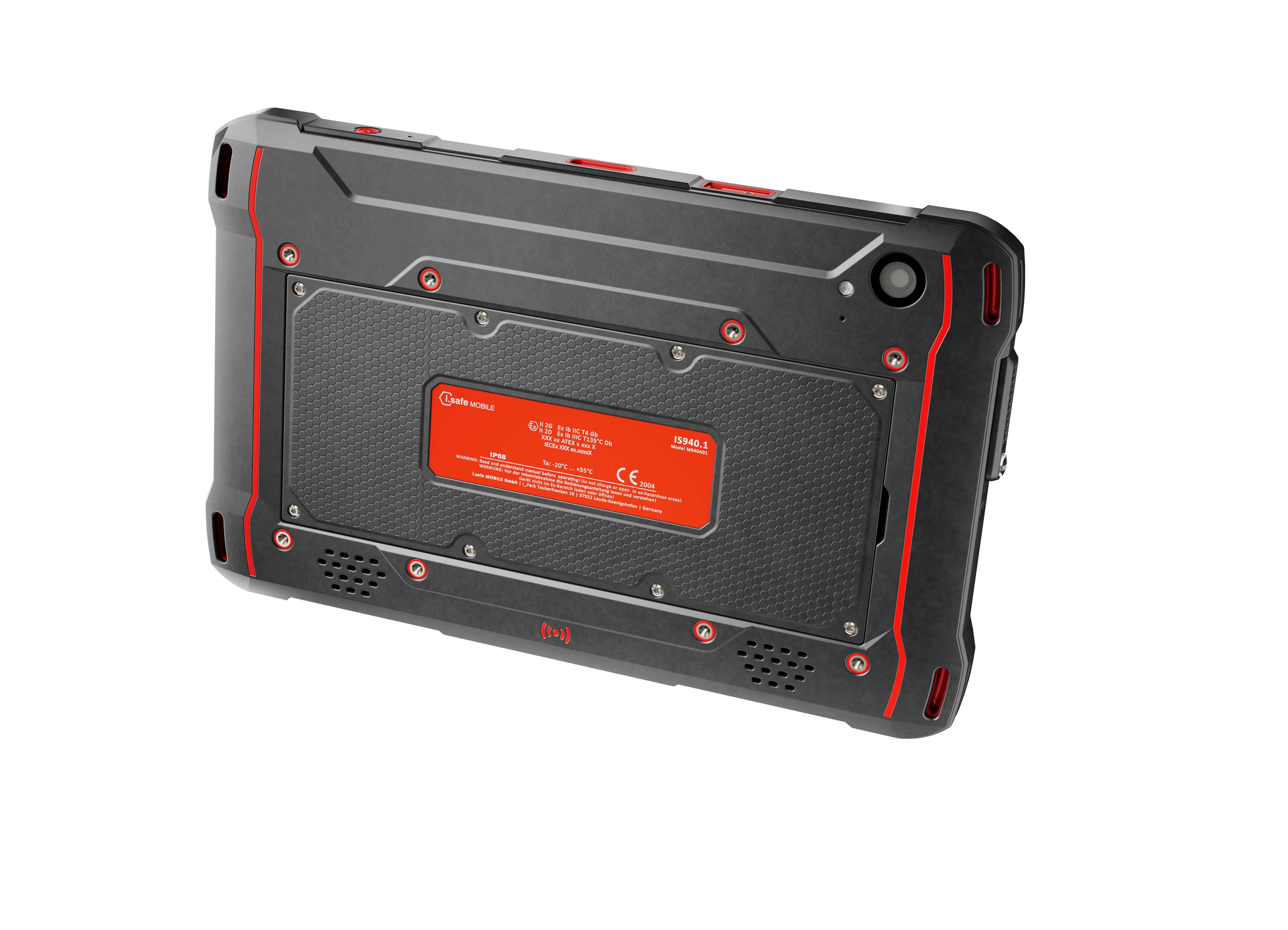 The i.safe MOBILE IS945.1 Intrinsically Safe (C1/D1) Windows Tablet is a rugged black and red device with reinforced edges, a visible rear label, and features the powerful Qualcomm QCM6490 Octa Core processor for industrial or outdoor use.