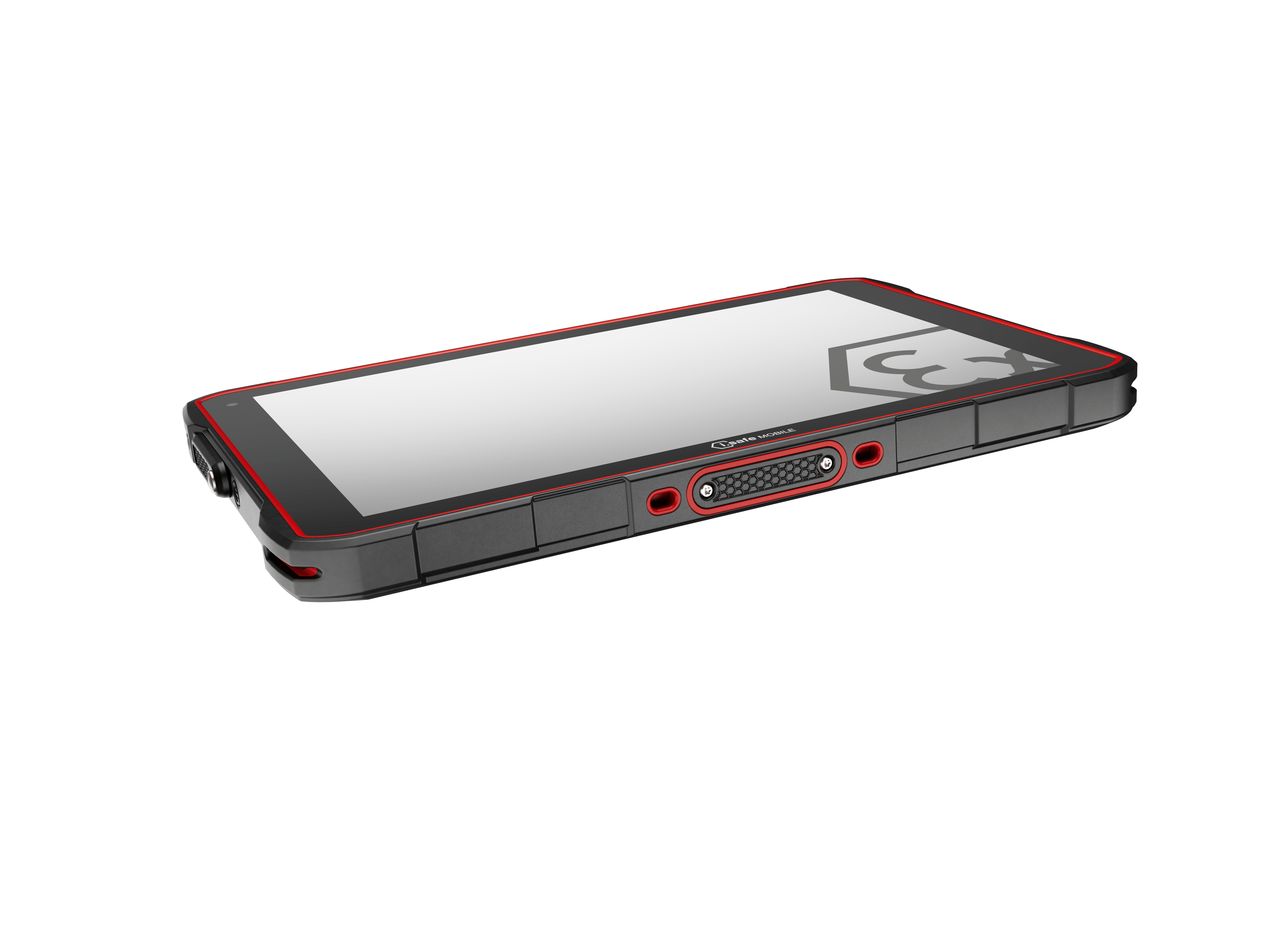 The i.safe MOBILE IS940.1 Intrinsically Safe (C1/D1) Android Tablet, shown face up with a black and red case on a white background, is designed for use in hazardous environments.