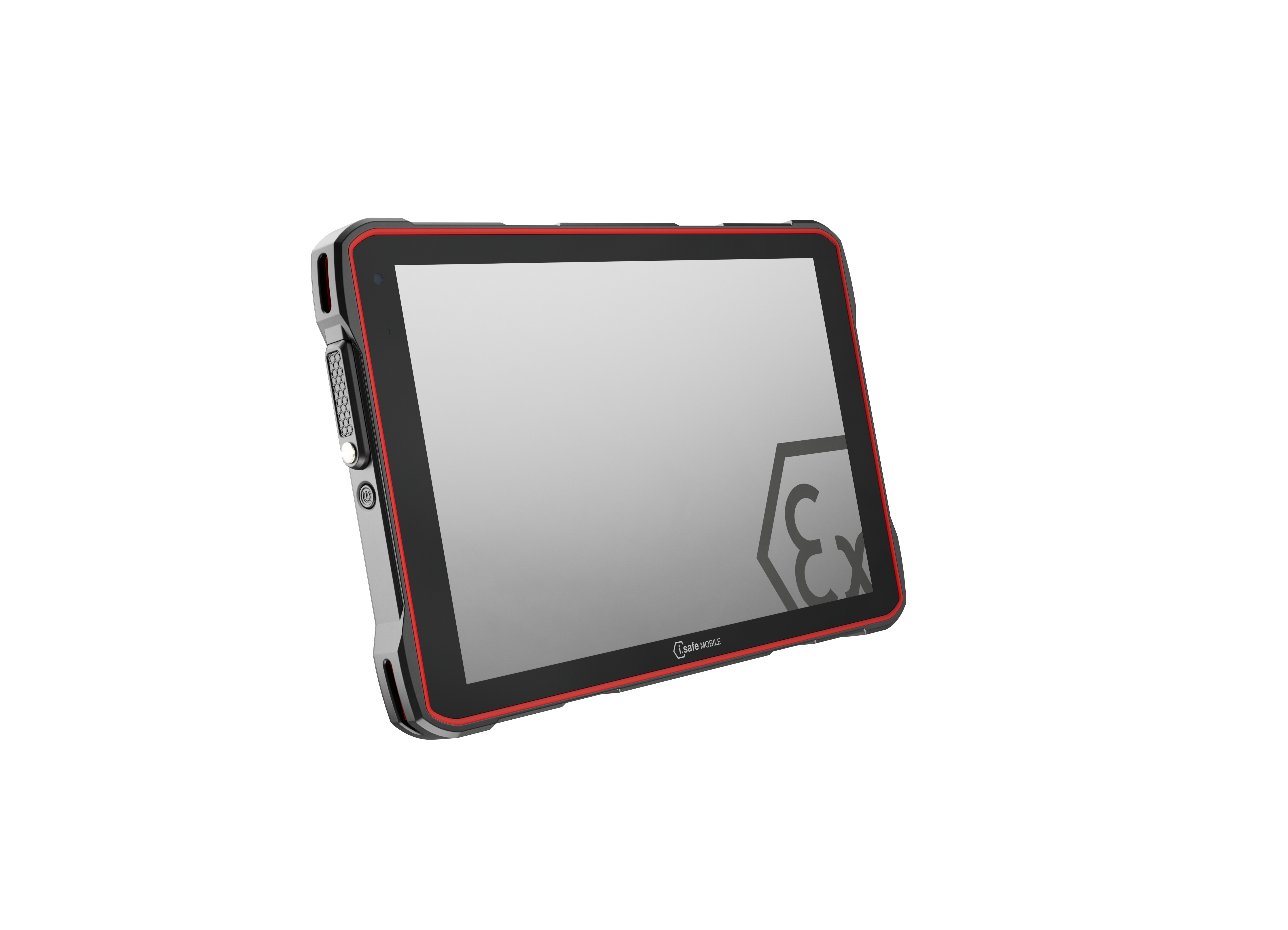 The i.safe MOBILE IS945.1 Intrinsically Safe (C1/D1) Windows Tablet, with a black and red rugged casing and Qualcomm QCM6490 Octa Core processor, is shown angled against a plain white background.