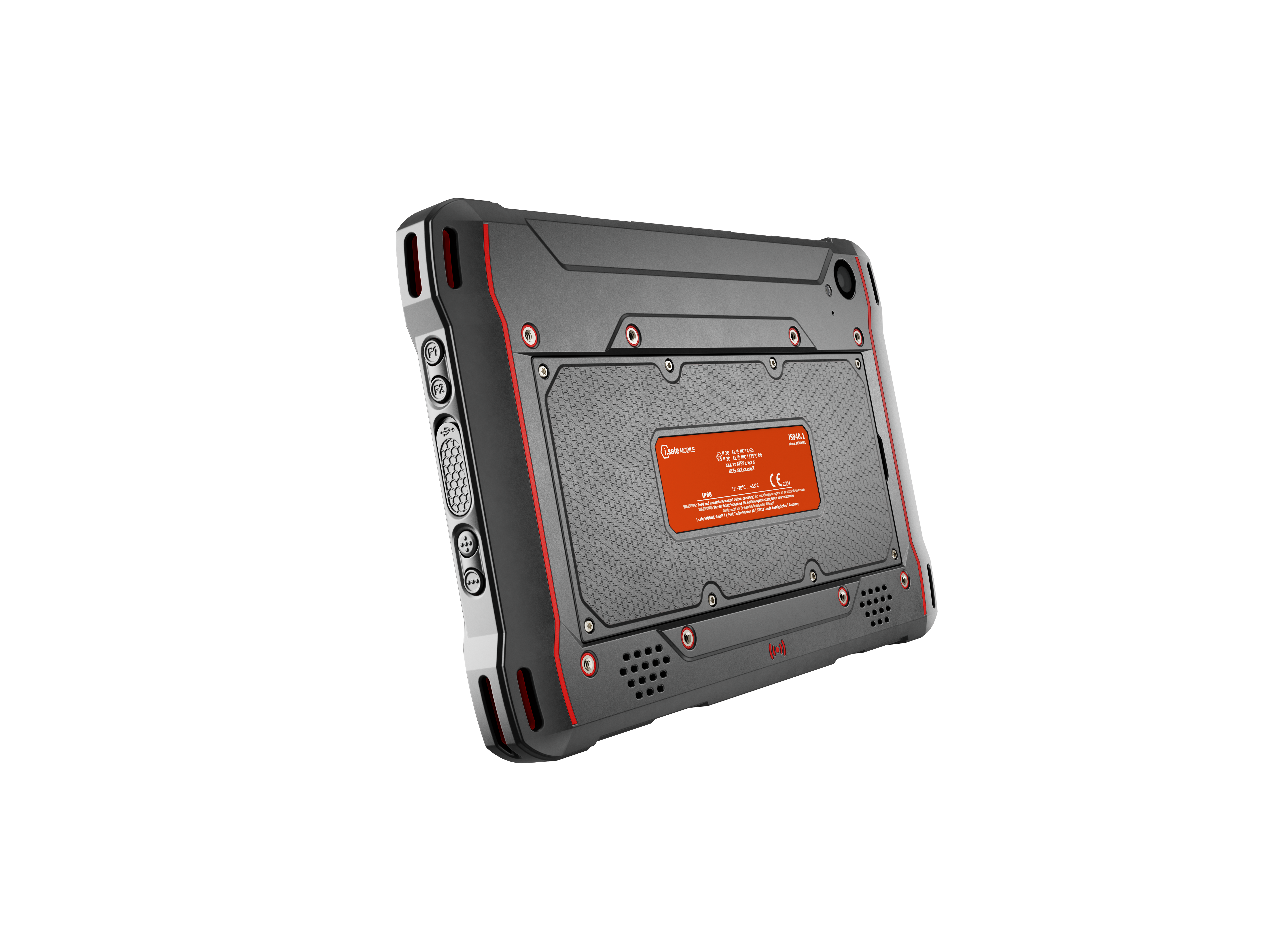 The i.safe MOBILE IS945.1 Intrinsically Safe (C1/D1) Windows Tablet features a durable black and red design, a visible orange rear label, and a Qualcomm QCM6490 Octa Core processor for industrial use.