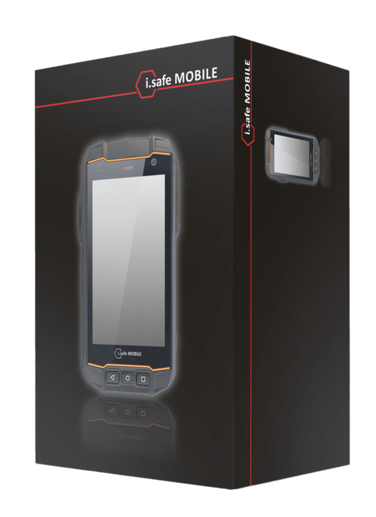 Black product box for the i.safe MOBILE IS530.RG Rugged Smartphone, showing the phone image, reflective accents, simple branding, and highlighting Android 13 4G support and tough Gorilla Glass protection.