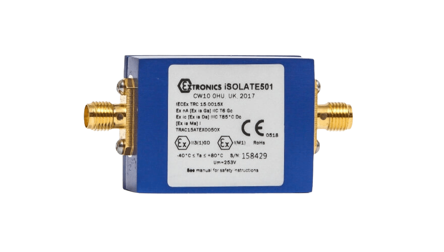 The Extronics iSOLATE501 RF Galvanically Isolated Intrinsically Safe Barrier is a blue electronic device with two gold coaxial connectors, designed to ensure intrinsic safety for radios in hazardous environments.