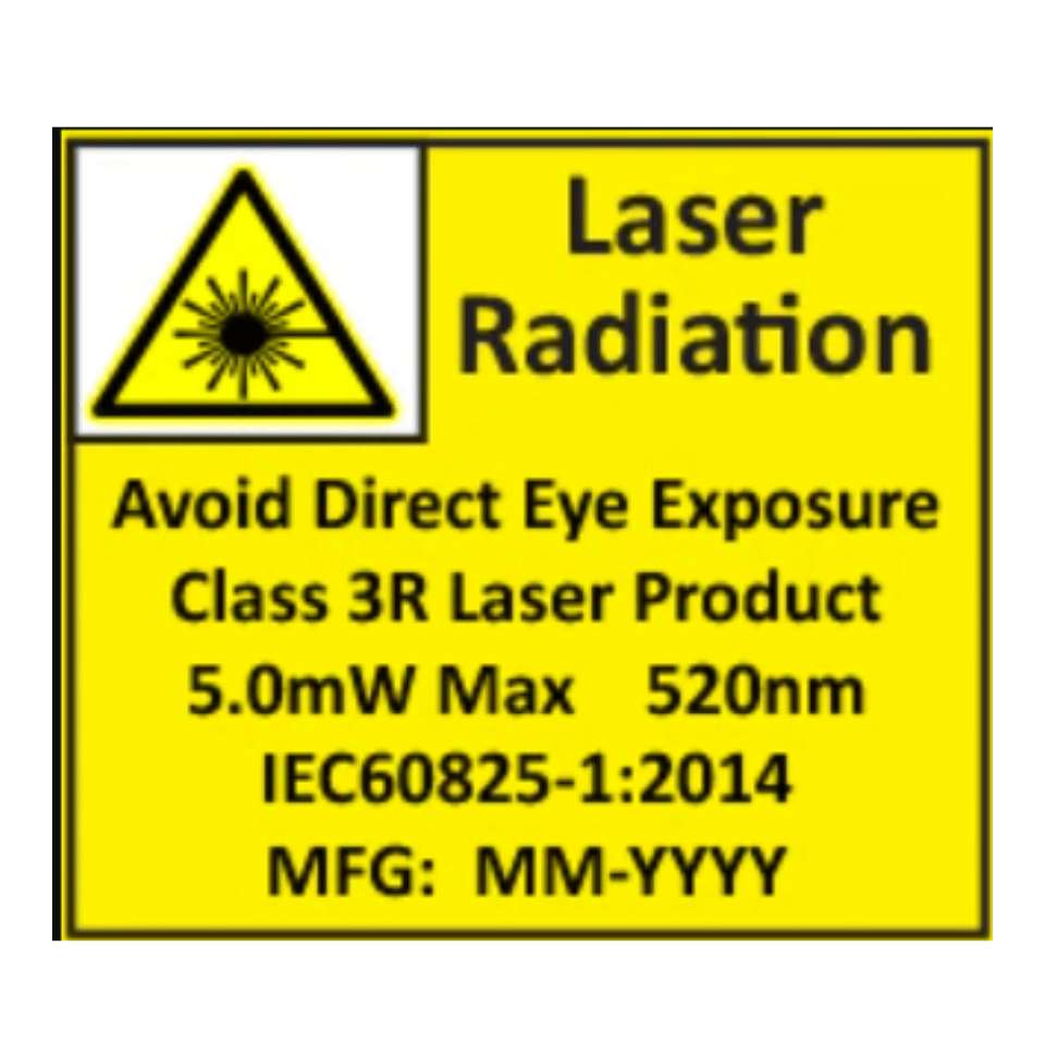 Yellow warning sign for Nightstick XPP-5422GXL Intrinsically Safe Flashlight w/Green Laser: laser radiation hazard. Avoid eye exposure. Class 3R, 5.0mW max, 520nm, IEC60825-1:2014; includes manufacturer and date fields.