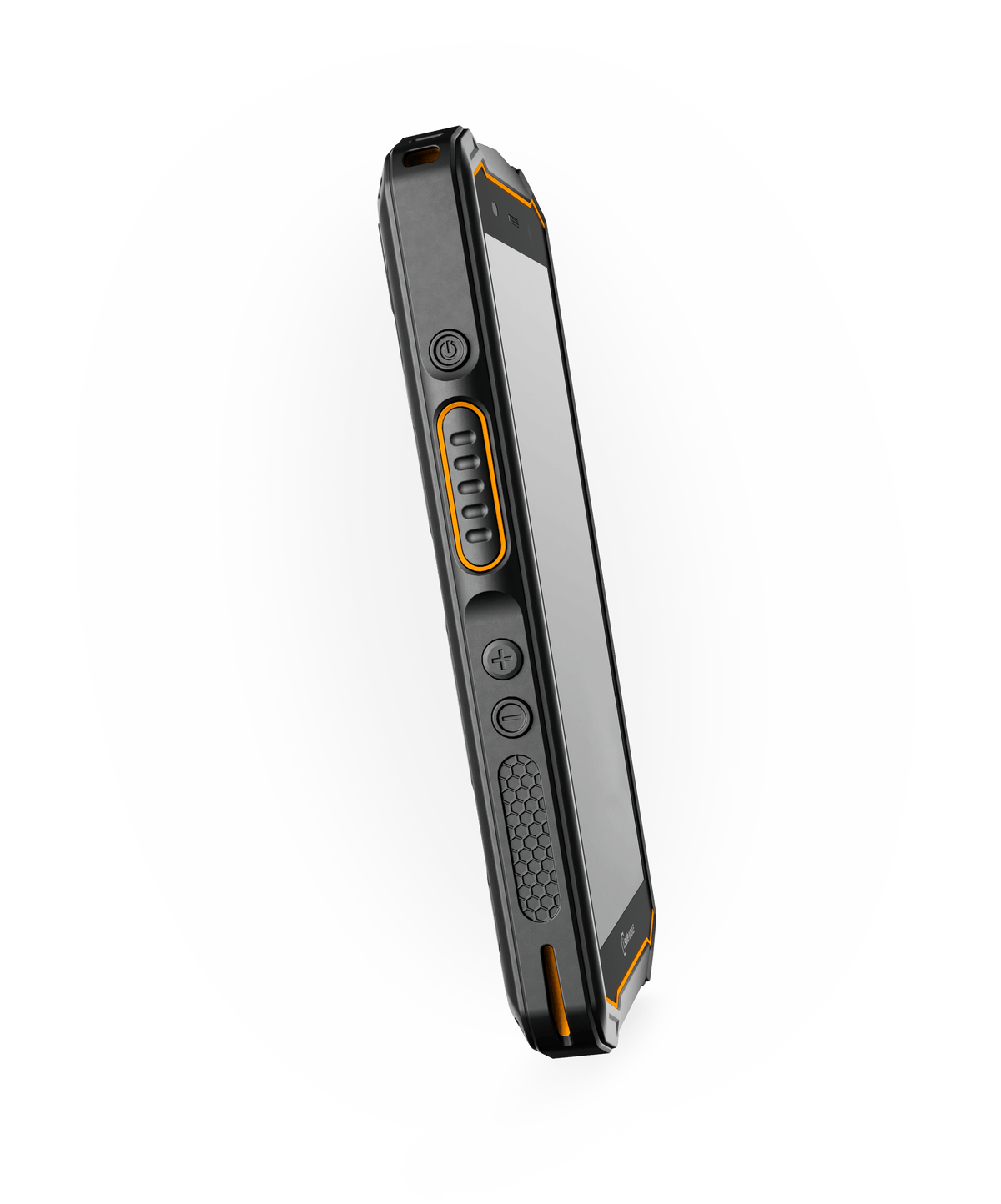 Side angle of an i.safe MOBILE IS540.RG rugged dual-SIM 5G smartphone with black casing, orange accents, physical buttons, and a textured grip for the Verizon network.