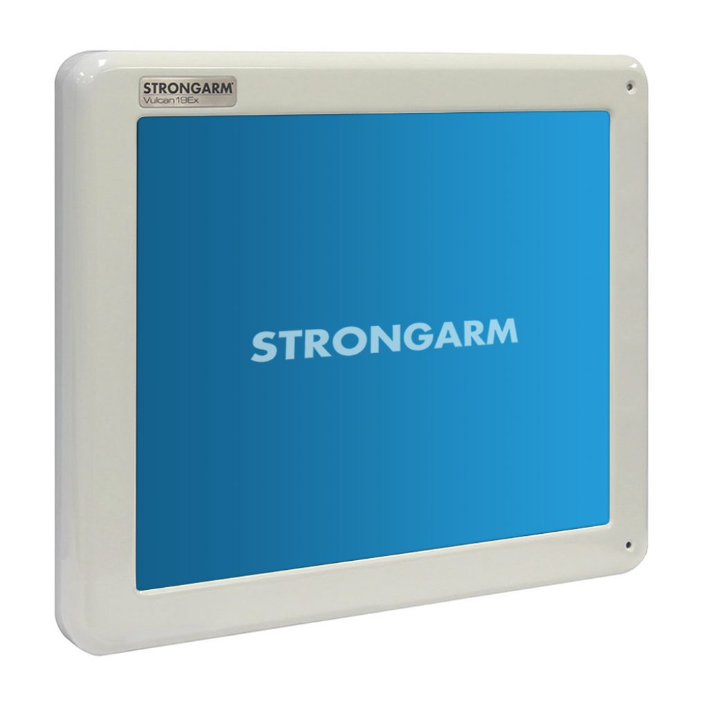 The Strongarm Vulcan™ Panel PC is a white-framed, rugged touchscreen industrial monitor with a blue "STRONGARM" display, designed for demanding environments and built to NEMA 4X standards.