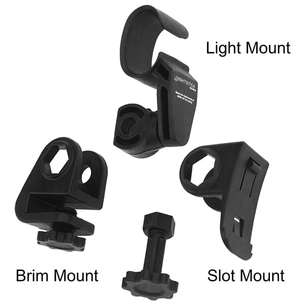 Three black mounting accessories—Light Mount, Brim Mount, and Slot Mount—are shown with a central screw, ideal for securing your Nightstick XPP-5418GX-K01 Intrinsically Safe Flashlight with Multi-Angle Mount.