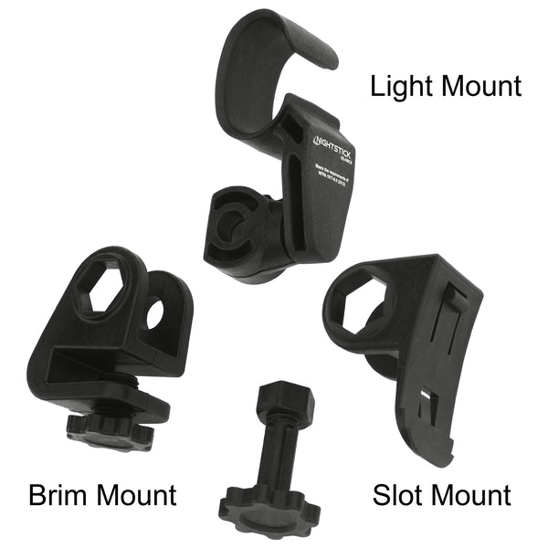 Three black plastic mounts—Light Mount, Brim Mount, and Slot Mount—securely attach accessories like a Nightstick XPP-5418RX-K01 IS Flashlight (3 AA) using a central screw for secure fastening. Ideal for helmet or brim mounting.