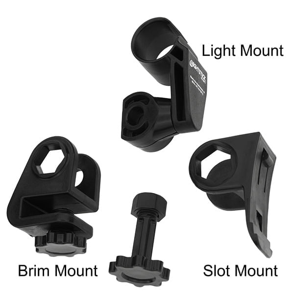 Three black plastic mounts labeled Light Mount, Brim Mount, and Slot Mount, plus a bolt, designed for the Nightstick XPP-5414GX-K01 Dual-Light™ Flashlight w/Tail Magnet and Multi-Angle Mount, are shown on a white background.