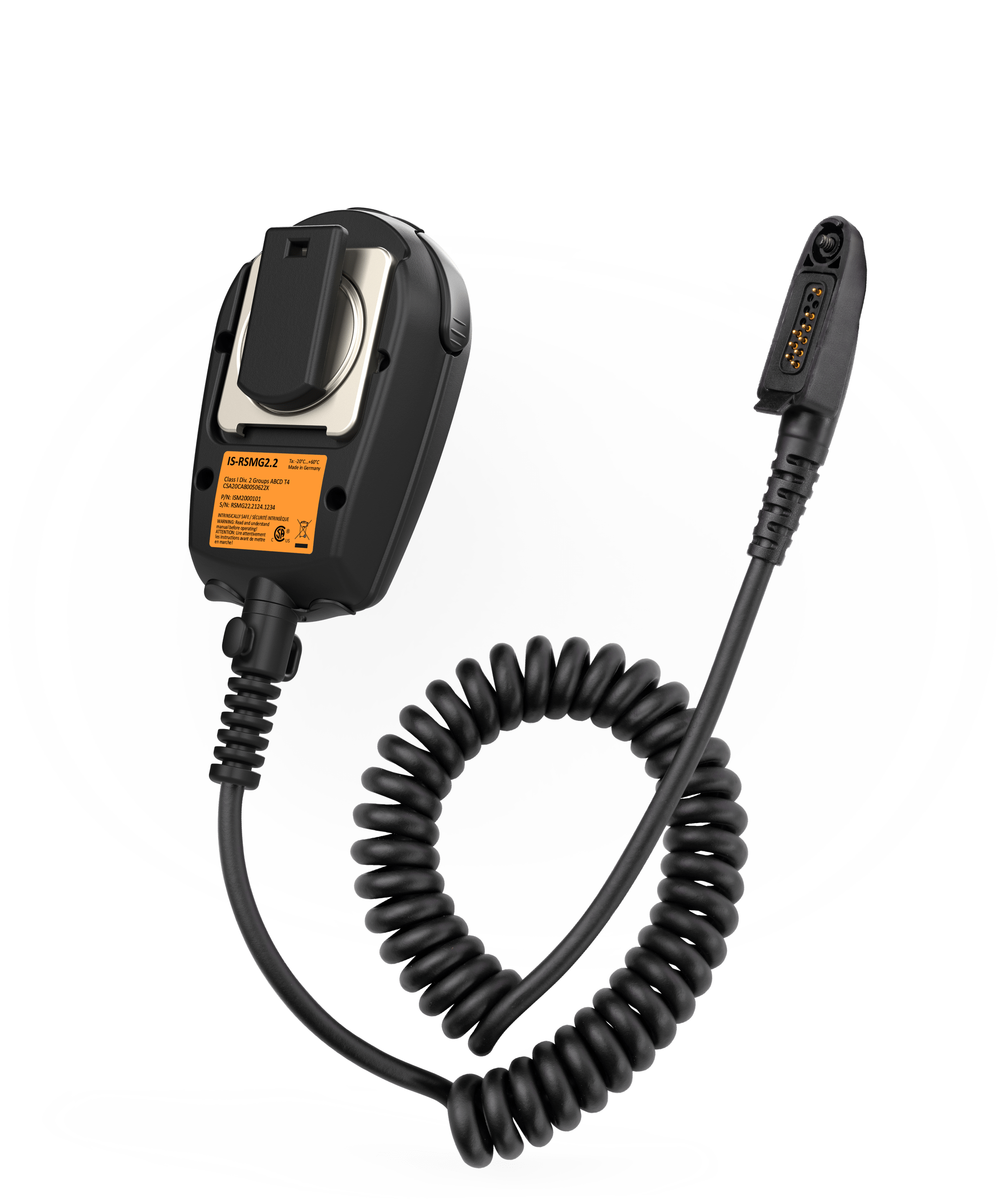 The i.safe MOBILE IS-RSMG2.2 Intrinsically Safe (C1/D2) Remote Speaker Microphone is a black handheld unit with a dynamic speaker, coiled cable, orange label, rear clip, and multi-pin connector—perfect for noisy work environments.