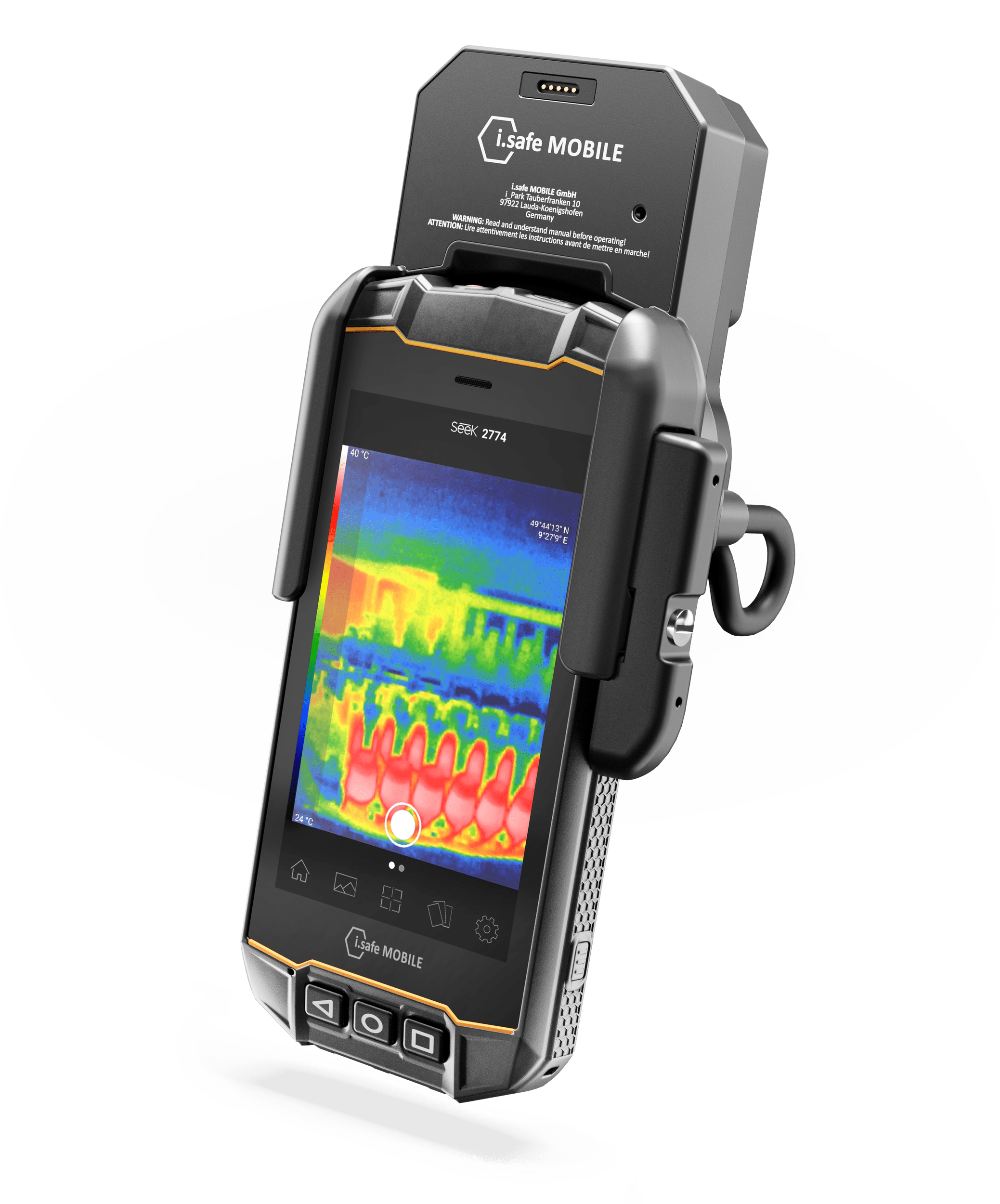 The i.safe MOBILE IS-TC1A.2 Intrinsically Safe (C1/D2) Thermal Camera is a handheld device that displays thermal heat maps in green, yellow, blue, and red on its screen and allows direct data transfer for easy sharing of images.