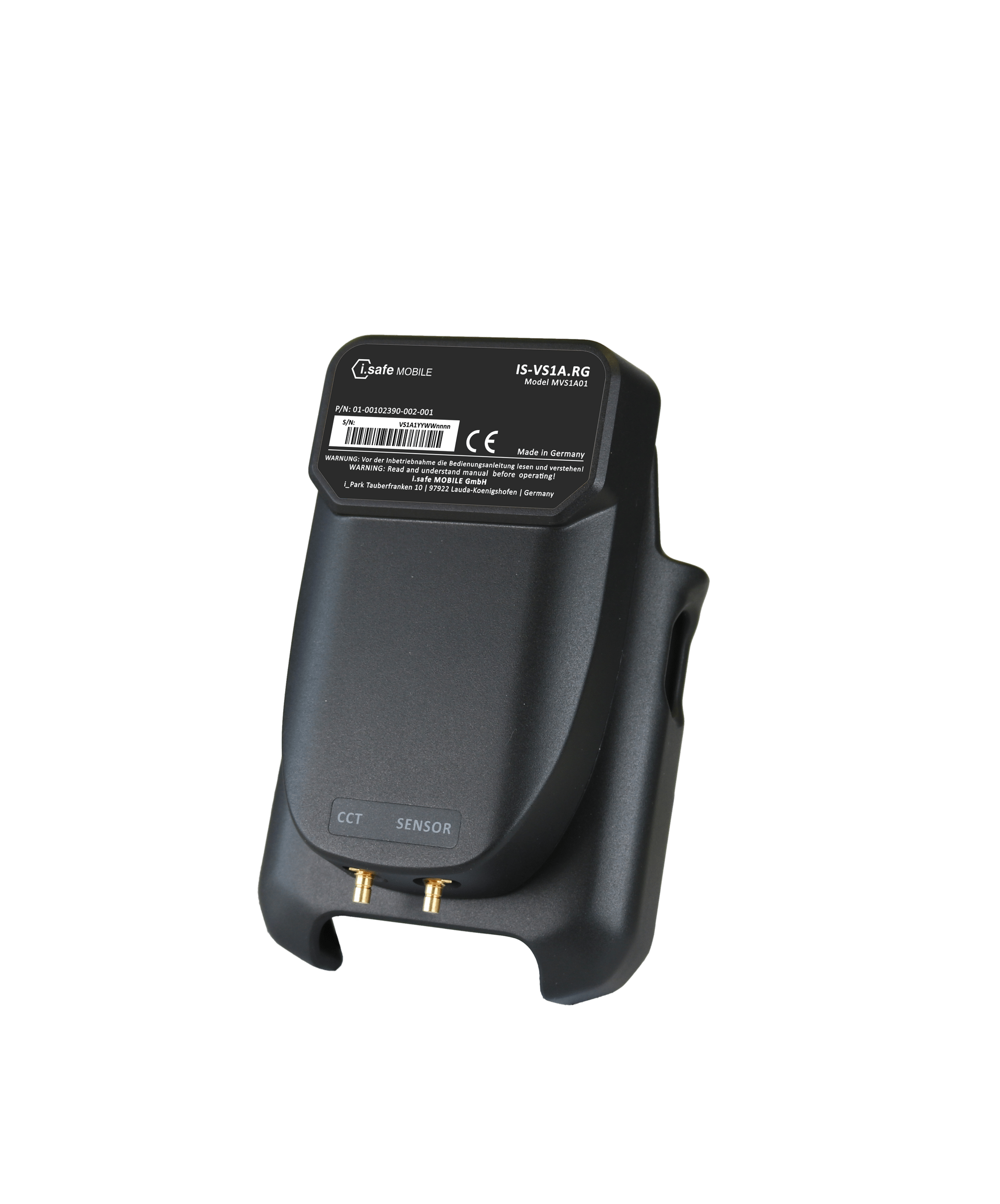 The i.safe MOBILE IS-VS1A.RG Rugged Valve Sense Mobile Inspection System, a black device with a barcode, label, and gold CCT/SENSOR connectors, is shown on a white background—perfect for predictive maintenance tasks.