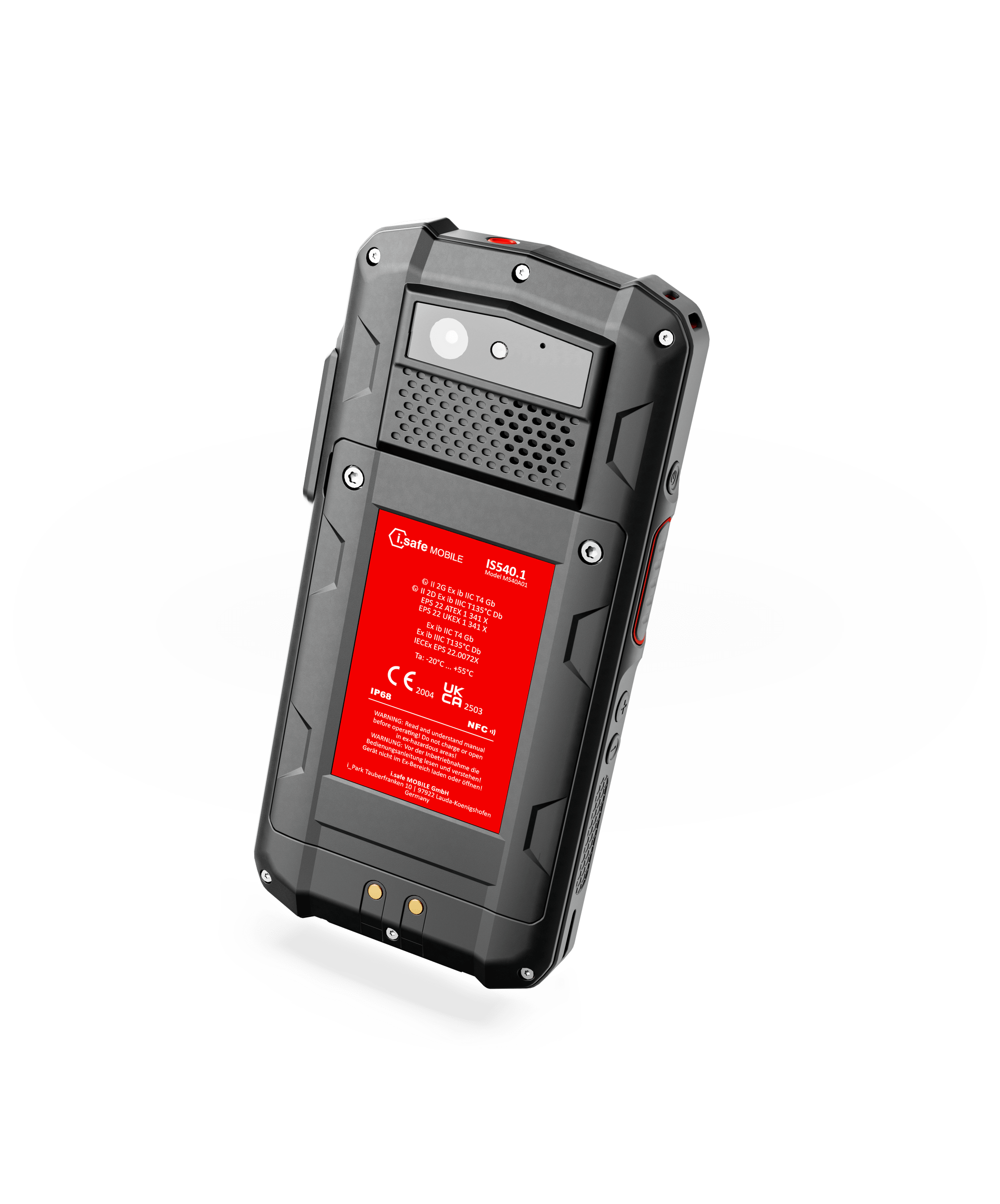 The i.safe MOBILE IS540.1 Intrinsically Safe (C1/D1) Smartphone is a rugged black handheld device with a red technical info label on the back, designed for use on the Verizon Network and shown against a plain white background.