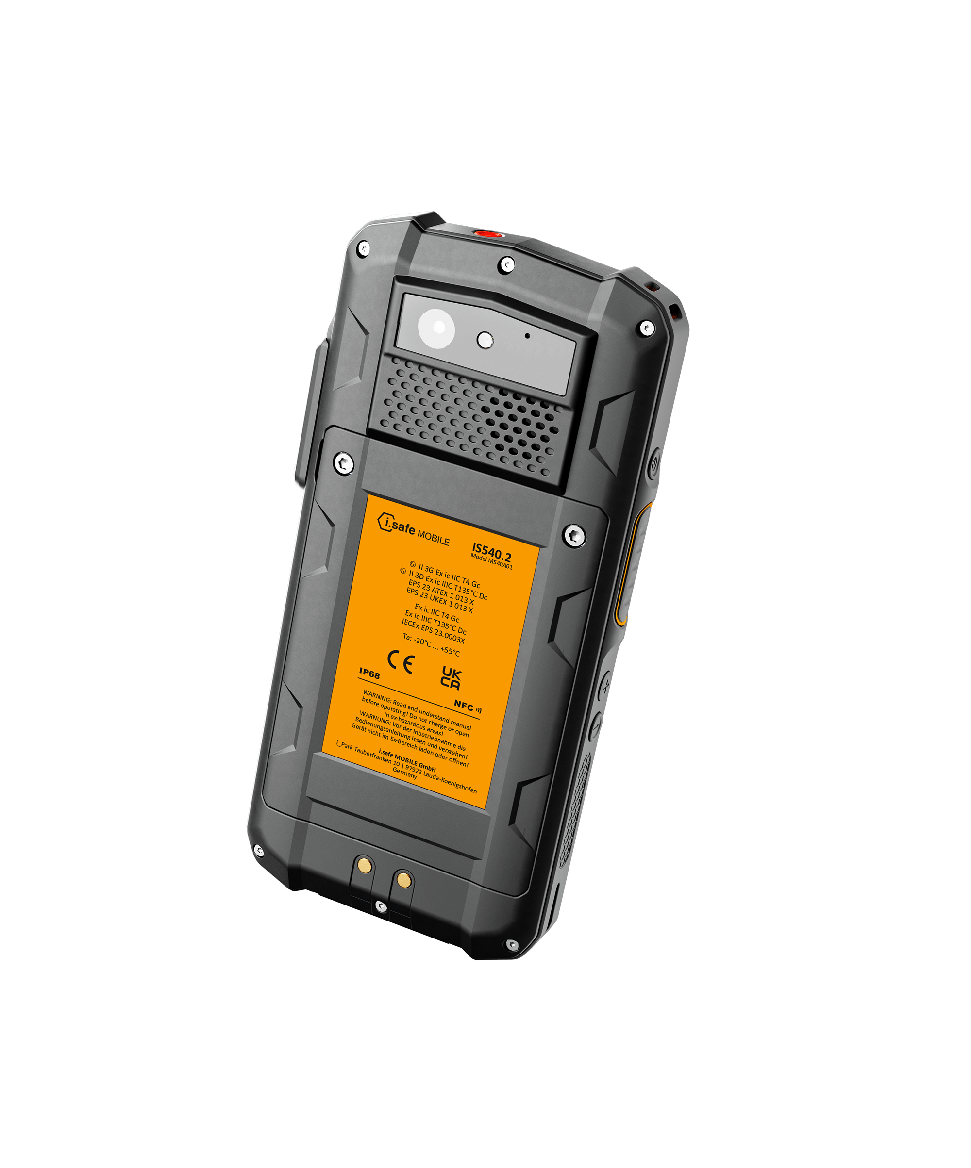 The i.safe MOBILE IS540.2 Non-Incendive (C1/D2) Smartphone is a rugged handheld device with a camera, black casing, and an orange technical specs label on the back, designed for LTE/5G networks.