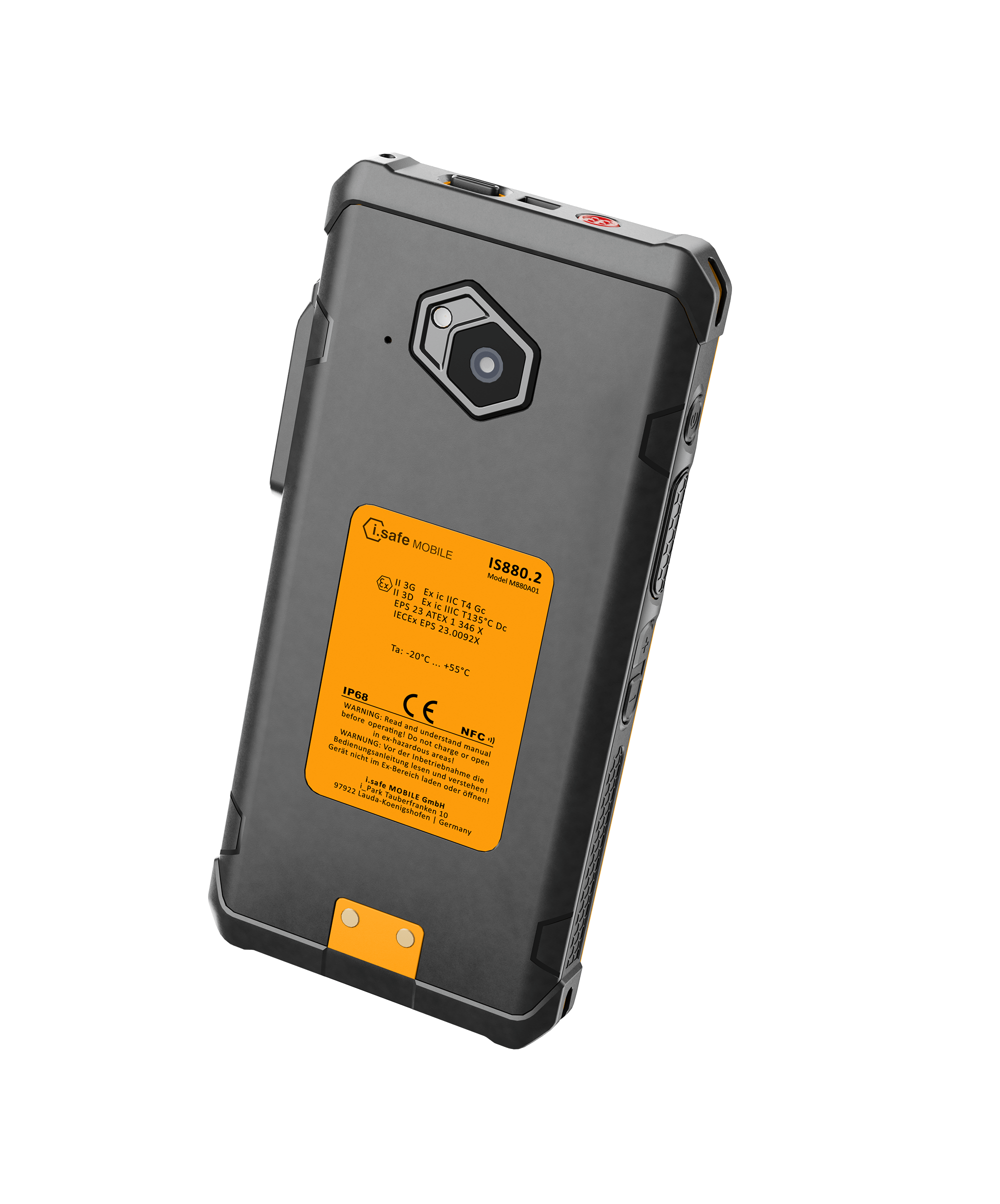 The i.safe MOBILE IS880.2 Lightweight 4G LTE Smartphone is a rugged Android 14 device with a camera, black body, orange technical label on the back, and a PTT side button for instant communication.
