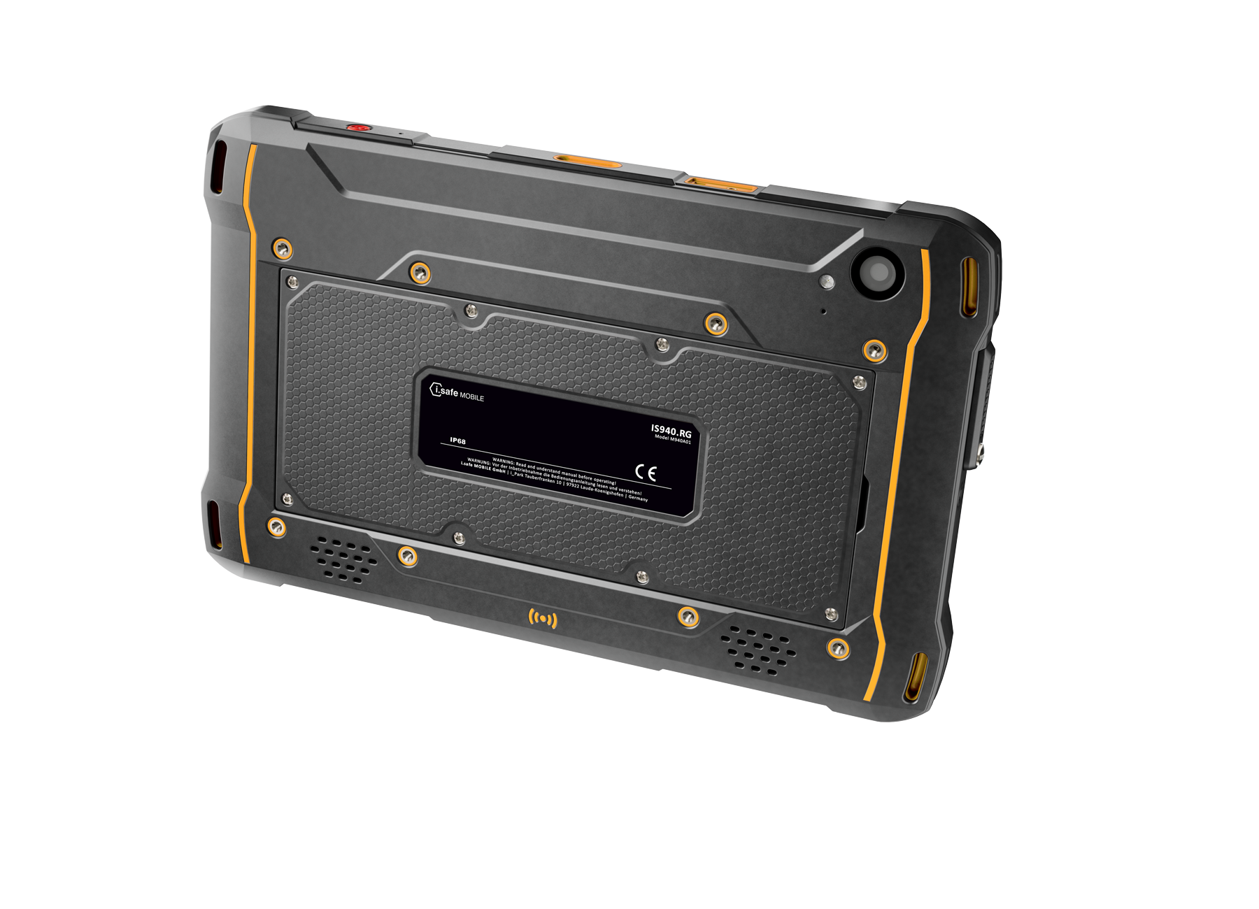The i.safe MOBILE IS940.RG Rugged Android Tablet is shown from the back in black and gray with orange accents, a Qualcomm QCM6490 label, visible screws, and a rear camera in the top right corner.