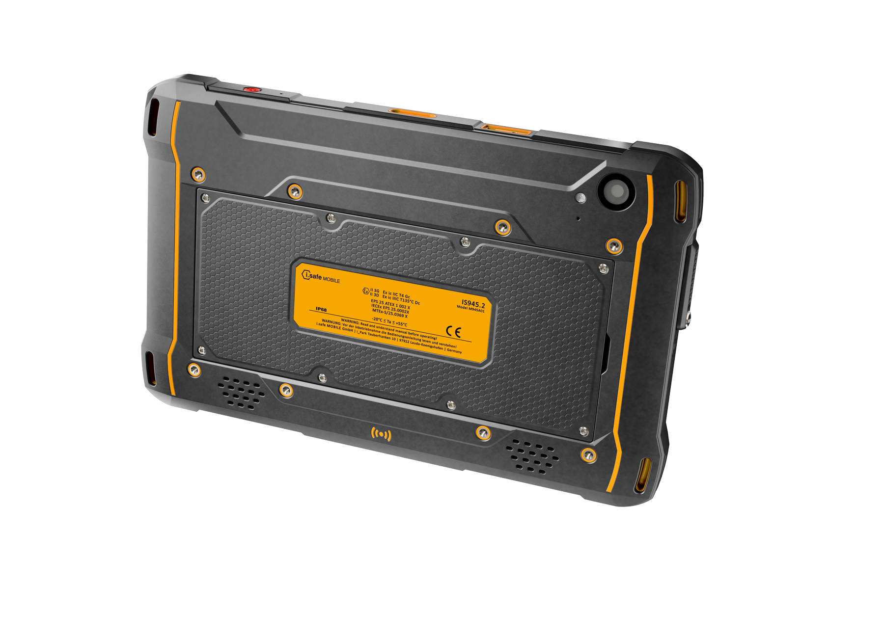 The i.safe MOBILE IS945.2 Intrinsically Safe Zone 2/22 Windows Tablet, shown from the back, features a rugged black and gray design with yellow accents, a large yellow label, a visible camera, reinforced casing, and a Qualcomm QCM6490 processor.